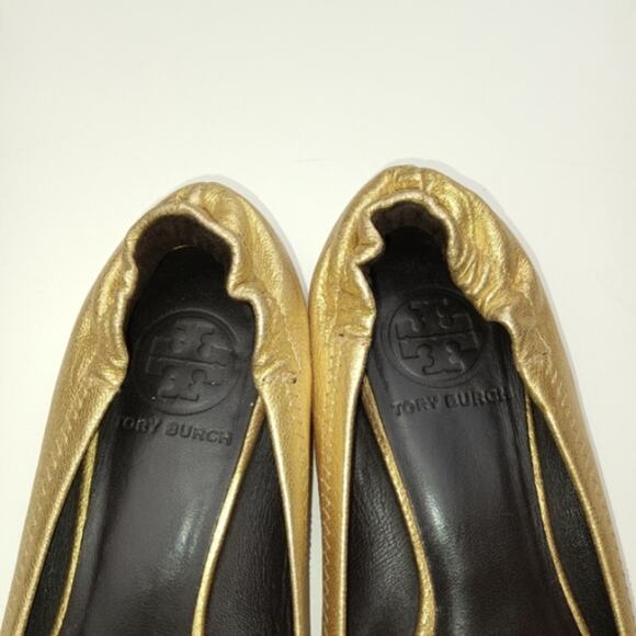 Tory Burch Logo Spark Gold Leather Minnie Travel Ballet Flats Size 5.5M - Picture 6 of 13